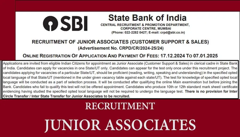 SBI RECRUITMENT OF JUNIOR ASSOCIATES sbi